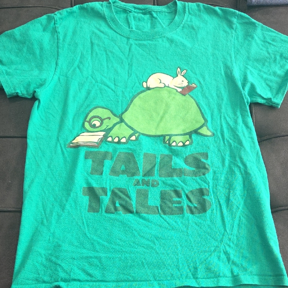 Green T-Shirt with Turtle and Rabbit Graphic